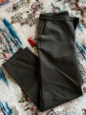 Olive Green Stretch Dress Pants Cropped Slim Fit Workwear Trousers